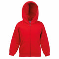 The Fruit of the Loom - SS225 is a vibrant red hooded sweatshirt featuring a full front zipper and dual front pockets, showcased against a white background. The hood is raised, making this sweatshirt perfect for casual wear.