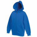 Fruit of the Loom's SS225 hoodie in blue, featuring a zip-up design, hood, and front pockets, displayed against a plain white background.