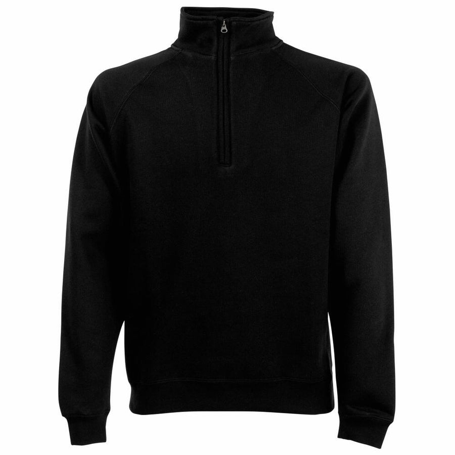 The SS230 from Fruit of the Loom is a black pullover sweater featuring a half-zip front and a high collar.