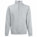 Product SS230 by Fruit of the Loom is a light gray quarter-zip pullover sweater featuring a high collar and long sleeves. The partially open zipper reveals its soft and comfortable fabric. The sweater is showcased against a plain white background.