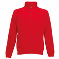 The SS230 by Fruit of the Loom is a vibrant red pullover featuring a quarter-zip design and a stand-up collar. This sweater includes long sleeves with ribbed cuffs and hem, all showcased against a plain white background.