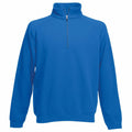 The Fruit of the Loom SS230 is a blue quarter-zip pullover jacket featuring a high collar, long sleeves, and a relaxed fit. The partially open zipper reveals the top front of the garment as it rests against a plain white background.