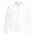 The Fruit of the Loom SS230, a plain white half-zip pullover sweatshirt featuring long sleeves and a high collar, is displayed against a white background.
