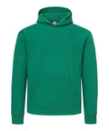 A green hoodie sweatshirt with a hood, front pocket, and long sleeves is shown on a white background.