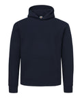 A dark navy blue hoodie sweatshirt with a front kangaroo pocket and long sleeves, showcased on a white background.