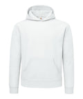 The Hoodies sweatshirt features a plain white design with long sleeves and a front kangaroo pocket, displayed against a white background.