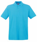 The SS255 by Fruit of the Loom is a plain light blue polo shirt featuring a collar and short sleeves.