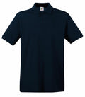 The Fruit of the Loom SS255 is a plain black polo shirt featuring short sleeves and a collared neckline. It includes a three-button placket and a small logo tag situated at the back inside the collar.