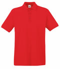 The Fruit of the Loom SS255 is a plain red polo shirt featuring short sleeves, a collar, and a three-button placket. It also includes a small white label near the collar.