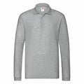 The SS258 by Fruit of the Loom is a long-sleeved gray polo shirt featuring a collar and buttoned placket.