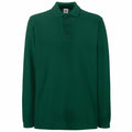 A long-sleeved Fruit of the Loom polo shirt, model SS258, in dark green with a collar and three buttons at the neckline, displayed on a plain white background.