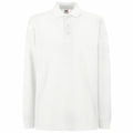 Fruit of the Loom's SS258 is a plain white long-sleeve polo shirt featuring a collar and three buttons down the front.