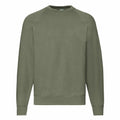 The SS270 sweatshirt by Fruit of the Loom is shown against a white background, featuring a plain olive green color. This unisex design includes long sleeves and a crew neckline, and its simple, casual style is complemented by ribbed cuffs and hem.
