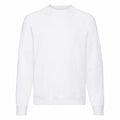 A Fruit of the Loom sweatshirt, model SS270, features a plain white design with long sleeves and a crew neck, set against a clean white background. Its minimalist design highlights its casual style.