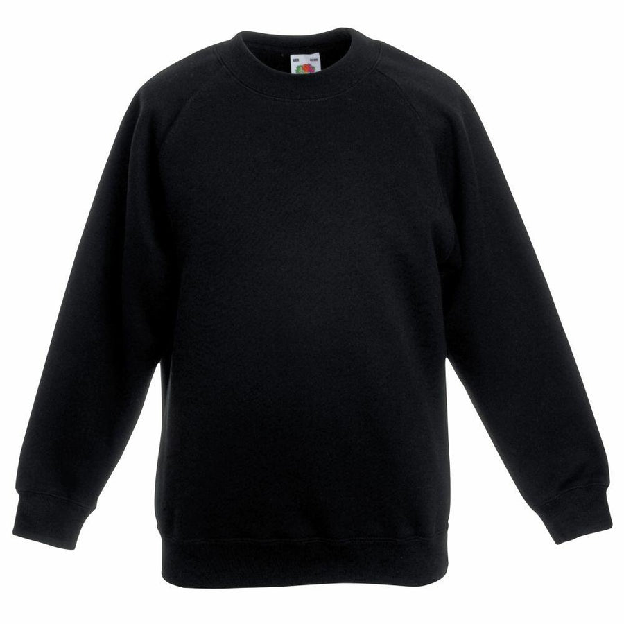 The Fruit of the Loom SS271 is a plain black sweatshirt featuring long sleeves and a crew neckline.