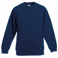Displayed against a white background, the Fruit of the Loom SS271 is a plain dark blue sweatshirt that features long sleeves, a ribbed crew neckline, and ribbed cuffs and hem—making it an ideal choice for casual wear.