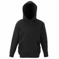 A Fruit of the Loom SS273 hoodie in black, featuring a front pocket and drawstring hood, showcased against a white background.