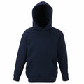 The Fruit of the Loom SS273 hooded sweatshirt, in dark navy blue, features a front pocket and is displayed against a plain white background. The hood is up, showcasing its loose, comfortable fit.