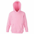 Product SS273 by Fruit of the Loom, a pink hooded sweatshirt with long sleeves and a front pocket, is displayed against a white background.