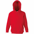 A Fruit of the Loom hoodie, product SS273, in plain red featuring a front pocket and hood. It is displayed on a white background and offers a casual fit with no visible logos or designs.