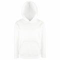 The SS273 by Fruit of the Loom is a plain white hoodie featuring a kangaroo pocket and a drawstring hood, presented on a white background, and appears to be crafted from soft fabric.