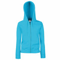 A Fruit of the Loom SS312 bright blue zip-up hoodie featuring a hood and drawstrings, displayed on a white background.
