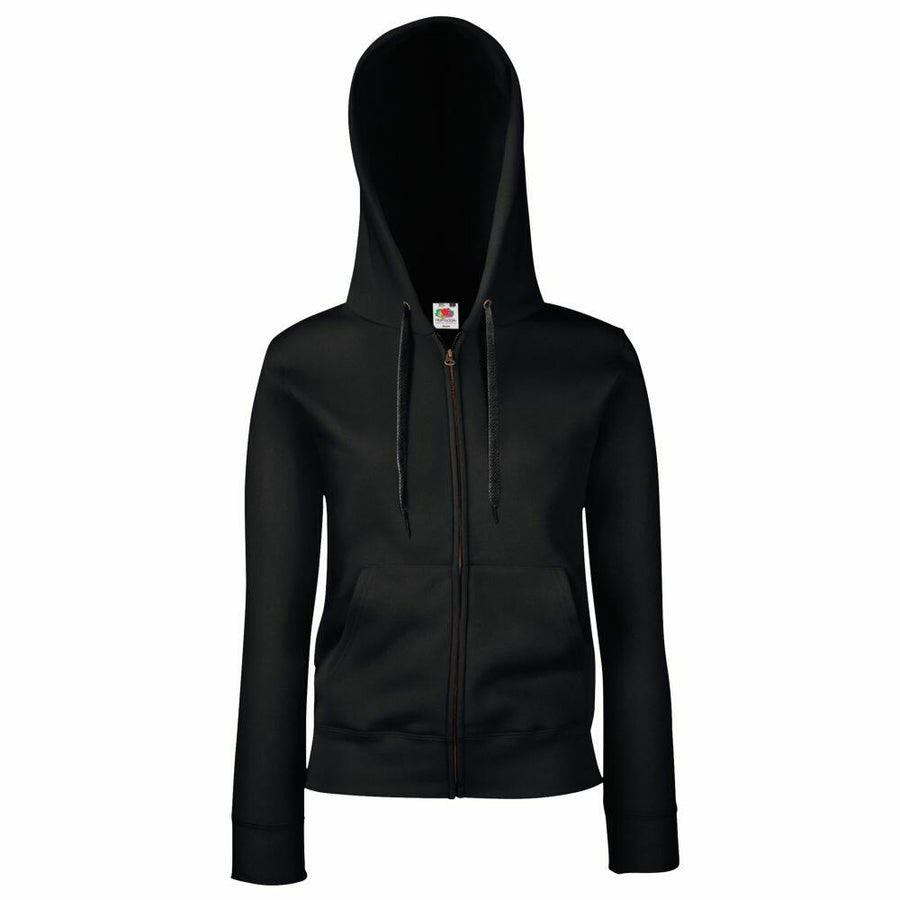 The Fruit of the Loom SS312 is showcased against a white background, featuring a black zip-up design complete with drawstrings and front pockets.