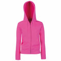 Introducing the Fruit of the Loom SS312, a vibrant pink hoodie featuring a zip-up design with a hood and front pockets. Displayed against a white background, it boasts extended sleeves for a casual yet stylish appearance.