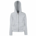 The SS312 is a light gray zip-up hoodie from Fruit of the Loom, featuring a hood with drawstrings. It has long sleeves and a front zipper, complemented by two lower front pockets. The design is plain, offering a casual style.