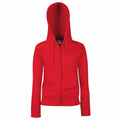 The description of the Fruit of the Loom SS312 features a vibrant red hoodie equipped with a front zipper and drawstrings. The hood is worn up, and it boasts long sleeves. This apparel is showcased against a simple white backdrop.