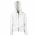 Introducing the Fruit of the Loom SS312: a comfortable and stylish white zip-up hoodie. This hoodie features a hood with drawstrings, two front pockets, and long sleeves, making it perfect for casual wear. The fabric is soft and cozy, providing ultimate comfort.