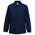 Fruit of the Loom's SS320 is a navy blue long-sleeve polo shirt featuring a collar and three buttons.
