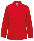 Fruit of the Loom SS320 red long-sleeve polo shirt featuring a buttoned placket and collar.