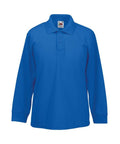 Fruit of the Loom SS320, a blue long sleeve polo featuring a collar and three buttons.