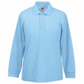 The Fruit of the Loom SS320 is a light blue long-sleeve polo shirt featuring a collar and three-button placket. It boasts a smooth and lightweight fabric, showcased against a white background to highlight its simple and classic design.