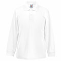 A plain white, long-sleeve polo shirt featuring a collar and three buttons down the front, presented against a white background. The product, SS320, is by Fruit of the Loom.