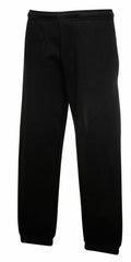 Fruit of the Loom SS323 black sweatpants, featuring an elastic waistband and cuffs, displayed against a white background.