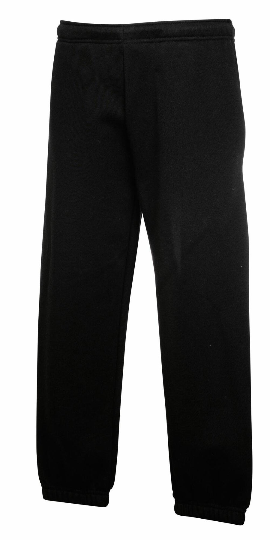 Fruit of the Loom SS323 black sweatpants, featuring an elastic waistband and cuffs, displayed against a white background.