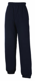 Fruit of the Loom's SS323, navy blue sweatpants featuring an elastic waistband and cuffs, showcased against a white background.