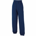 Fruit of the Loom's SS323 sweatpants in navy blue feature an elastic waistband and cuffs, displayed against a white background.
