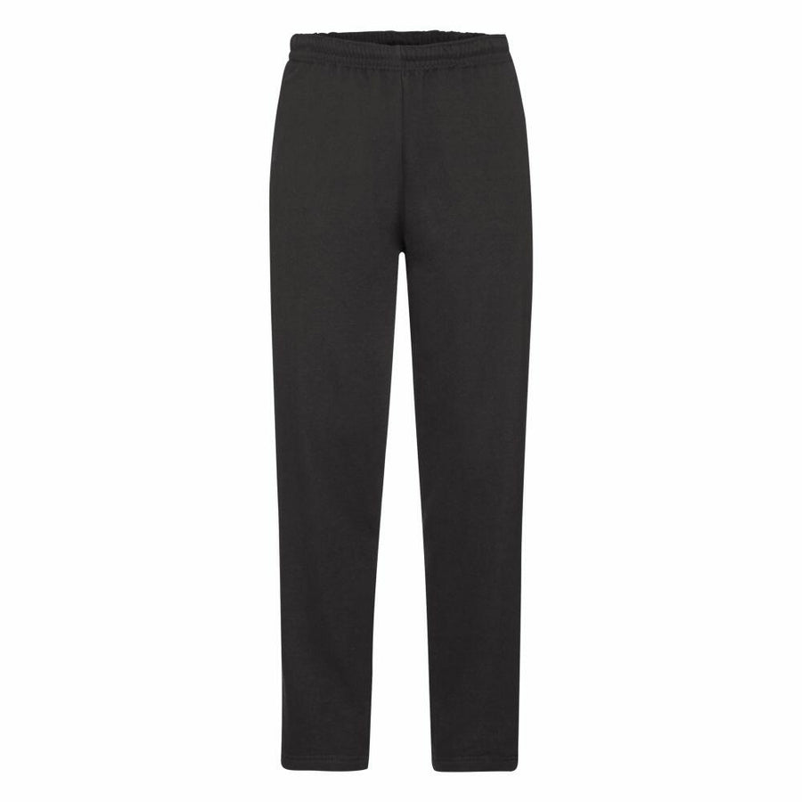 The Fruit of the Loom SS324 black sweatpants, featuring an elastic waistband, are displayed against a plain white background.