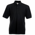 Fruit of the Loom's SS402, a black short-sleeve polo shirt featuring a three-button placket, displayed against a plain white background.