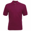 A maroon polo shirt with short sleeves, a collar, and three buttons from Fruit of the Loom's SS402 line.