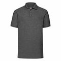 Introducing the SS402 by Fruit of the Loom: a plain, dark gray polo shirt featuring short sleeves and a classic collar. This polo includes a three-button placket and comes with a straight hem, all showcased against a white background.