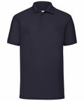 A plain black SS402 polo shirt by Fruit of the Loom is showcased against a white background, featuring short sleeves, a classic collar, and a three-button placket on the front.