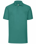 A Fruit of the Loom SS402, a plain green polo shirt with a collar and short sleeves, is displayed on a white background. It features a three-button placket.