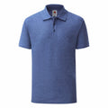 Fruit of the Loom's SS402, a blue polo shirt featuring a collar and three-button placket, is displayed on a plain white background.