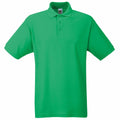 Fruit of the Loom's SS402 features a plain green design with a collar and a three-button placket, complete with short sleeves. It is displayed against a white background.