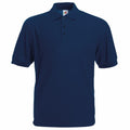 The Fruit of the Loom SS402 is a plain, dark blue polo shirt featuring short sleeves and a collar. The shirt includes a three-button placket and is displayed against a white background.