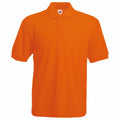 The SS402 polo shirt from Fruit of the Loom features a solid, vibrant orange color, equipped with a collar and three buttons on the front. This short-sleeved shirt is depicted against a white backdrop.